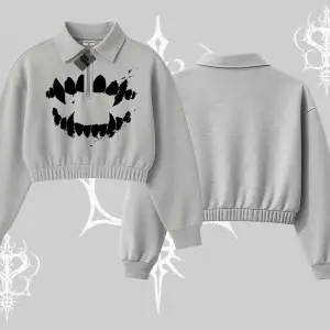 Beyaz Crop Yarım Fermuarlı Sweatshirt Vampir Dış