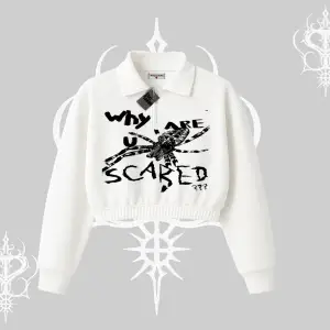 Beyaz Crop Yarım Fermuarlı Sweatshirt Why are u Scared