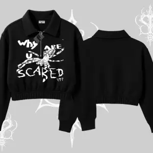 Beyaz Crop Yarım Fermuarlı Sweatshirt Why are u Scared