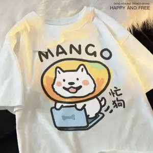 Beyaz Eğlenceli ve Sevimli Kedi ve Köpek Desen Gevşek Tshirt Vintage Üst FemaleT-Shir