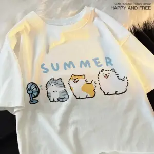 Beyaz Eğlenceli ve Sevimli Kedi ve Köpek Desen Gevşek Tshirt Vintage Üst FemaleT-Shir