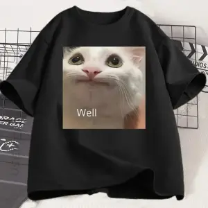 Beyaz Funny Cat Meme Graphic Tee for Cat Lovers Cute Humor Loose Short Sleeve Tee C