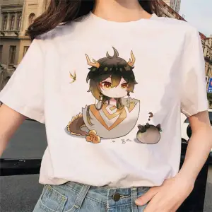 Beyaz Genshin Darbe Zhong Li Morax Tees Kısa Sleeve100 Yaz Karikatür Streetweed