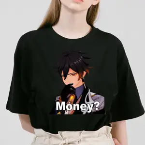 Beyaz Genshin Darbe Zhong Li Morax Tees Kısa Sleeve100 Yaz Karikatür Streetweed