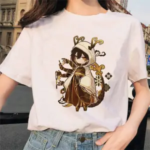 Beyaz Genshin Darbe Zhong Li Morax Tees Kısa Sleeve100 Yaz Karikatür Streetweed