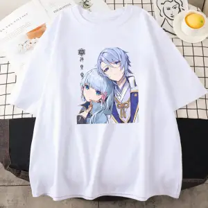 Beyaz Genshin Etki Kamisato Ayato ve Ayakas Anime Baskı Tees ilkbahar Ya