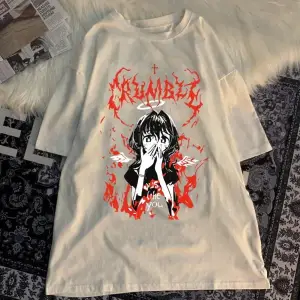 Beyaz Harajuku Gotik Punk Karikatür Yuvarlak Boyun Yaz Ulzzang Hip-Hop Gev