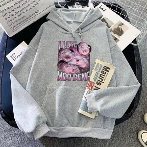 Beyaz Hoodies I Love Moo Deng Deng Kawaii Moletom Feminino kari