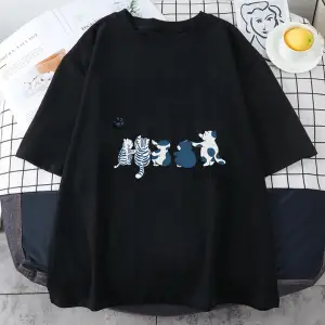 Beyaz Japon Kanji Kedi Karikatür Kawaii Baskı Üstleri Komik Sevimli Harajuku Yaz