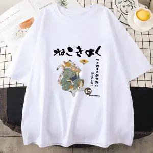 Beyaz Japon Kanji Kedi lar için Baskı Hayvanlar Yaz Kawaii T Göm