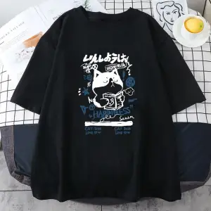 Beyaz Japon Kanji Kedi luKawaii Grafik Baskı Tees
