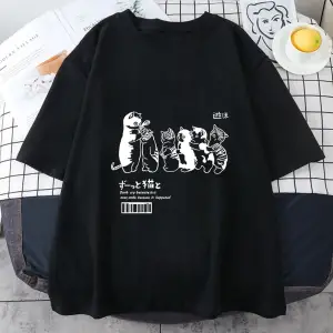 Beyaz Japon Kanji Kedi T Üstleri Yaz Çiftler Ge