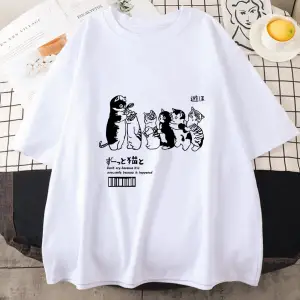Beyaz Japon Kanji Kedi T Üstleri Yaz Çiftler Ge