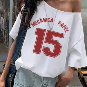 Beyaz Kadın Düşük Omuz Kayık Yaka Papel 15 Baskılı