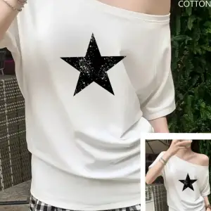 Beyaz Kadın Düşük Omuz Kayık Yaka Siyah Yıldız Baskılı