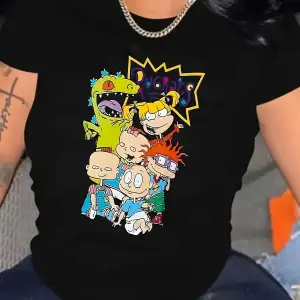 Beyaz Karikatür Grafikli Rugrats Karakterleri Baskı Günlük Bisiklet Yaka Polyester Karışımı S