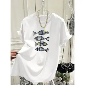 Beyaz Karikatür Hayvan Baskı Yaz Gevşek O-Boyun Tees Tüm