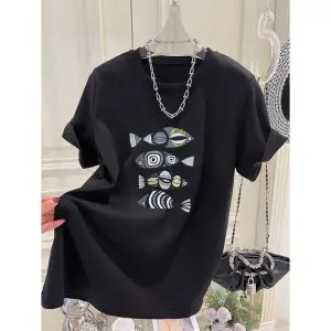 Beyaz Karikatür Hayvan Baskı Yaz Gevşek O-Boyun Tees Tüm