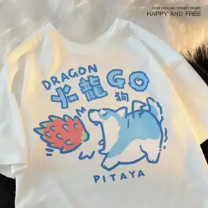 Beyaz Karikatür Sevimli Kedi ve Köpek Desen Eğlenceli Tshirt bol Tees Sokak Serin Kısa