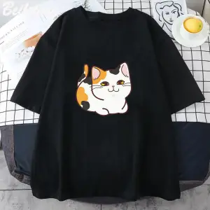 Beyaz Kawaii Patiska Kedi baskılı Estetik Sevimli Karikatür Grafik