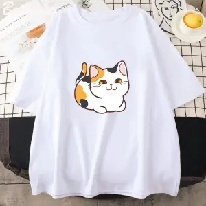 Beyaz Kawaii Patiska Kedi baskılı Estetik Sevimli Karikatür Grafik