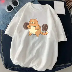 Beyaz Kedi Halter baskılı Çalışma Komik Spor Salonu Tasarım Etiket Grafik li T