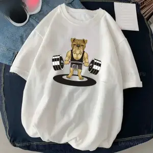 Beyaz Kedi Halter baskılı Çalışma Komik Spor Salonu Tasarım Etiket Grafik li T