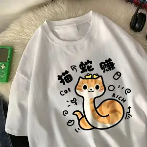 Beyaz Kedi ve Yılan an Karikatür Baskı Yumuşak O-Boyun Yaz Giys