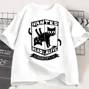 Beyaz Komik Siyah Kedi Gevşek Tshirt Baskılı Yuvarlak Boyun Kedi Sevgilisi