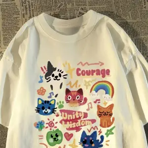 Beyaz Kore Retro Sevimli Kedi ler için Gevşek Yuvarlak Boyun Yaz