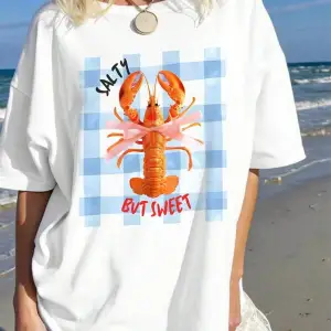 Beyaz Mavi Ekose Istakoz Papyon Mektup Desen Baskı Retro Eğlenceli Unisex Vintage Est