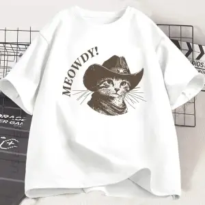 Beyaz Meowdy Kovboy Kediler Vintage Kovboy Kedi 90s Komik Sevimli Yavru Kedi