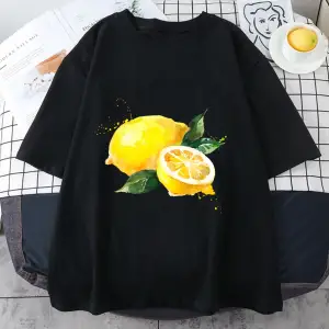 Beyaz Meyve nar Harajuku karikatür limon baskı beyaz eğilim o-boyun anlar rah