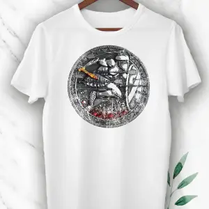 Beyaz Mitoloji Savaşçı Figürü Baskılı Unısex Tişört