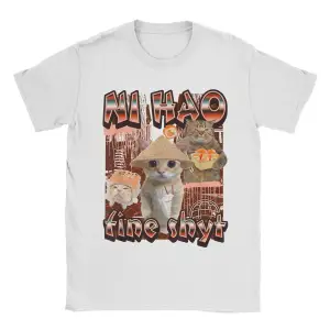 Beyaz Ni Hao Ince Shyt Meme Tee lar için Baskılı Komik Kedi Bootleg kıyaf