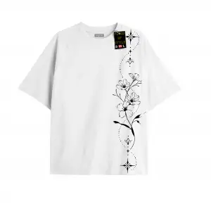 Beyaz Oversize T-shirt çiçek dal yıldız Özel tasarım