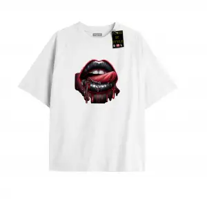 Beyaz Oversize T-shirt dudak dil diş Özel tasarım