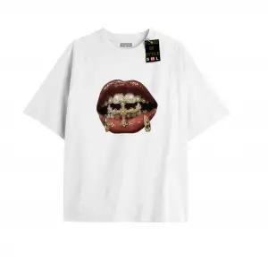 Beyaz Oversize T-shirt dudak diş baskılı taş desen litee Özel tasarım