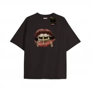 Beyaz Oversize T-shirt dudak diş baskılı taş desen litee Özel tasarım