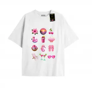 Beyaz Oversize T-shirt emoji pink Özel tasarım
