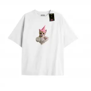 Beyaz Oversize T-shirt happy kedi Özel tasarım
