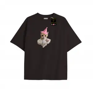 Beyaz Oversize T-shirt happy kedi Özel tasarım
