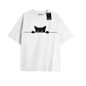 Beyaz Oversize T-shirt kedi Özel tasarım