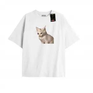 Beyaz Oversize T-shirt şaşkın kedi Özel tasarım