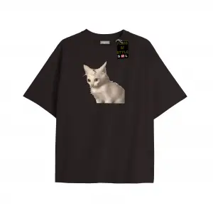 Beyaz Oversize T-shirt şaşkın kedi Özel tasarım