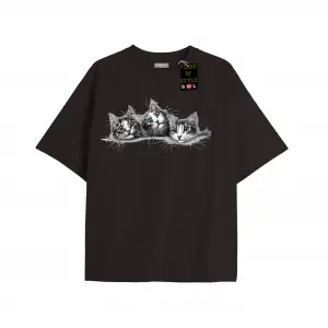 Beyaz Oversize T-shirt üçlü kedi Özel tasarım