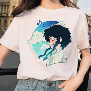 Beyaz Paimon Genshin darbe Venti Xiao Diona dishirt Kaeya karikatür