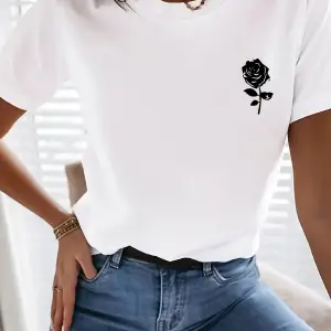 Beyaz Pembe Çiçek Baskı Yumuşak Gevşek Üst Grafik Yaz