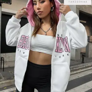 Beyaz Pembe Kapüşonlu Fermuarli Brooklyn Oversize