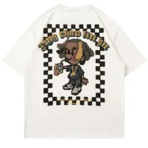 Beyaz Pixel Karikatür Baskılı Bisiklet Yaka Oversize Erkek Tişört